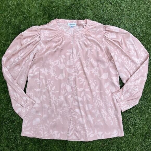 Calvin Klein Womens Flowy Floral Blush Pink Satin Balloon Sleeve Dressy Blouse M - Picture 1 of 11